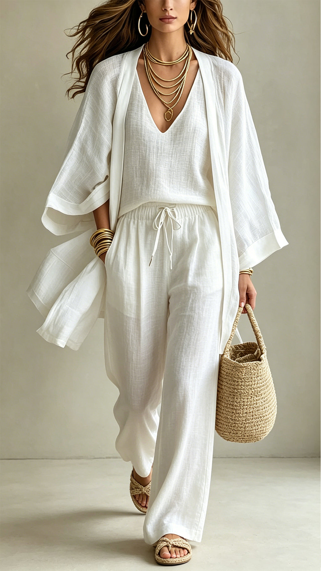 Women's  Linen-Blend Three-Piece Set(Kimono + Tank + Pants)