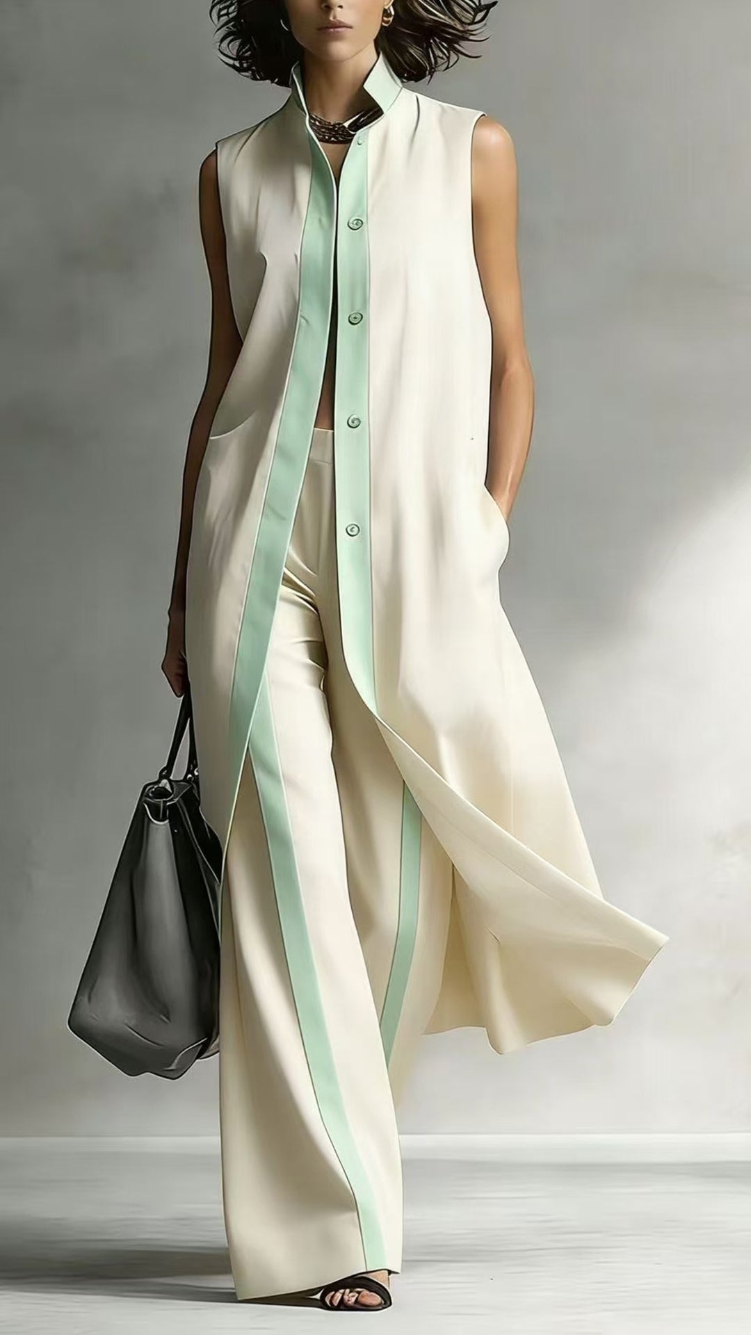 Women's Color-Blocked Sleeveless Long Shirt & Wide-Leg Pants Set