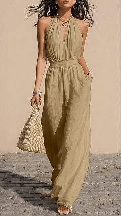 Women's Halter-Neck V-Neck Slim-Fit Jumpsuit — Simple Solid-Color Wide-Leg Trousers