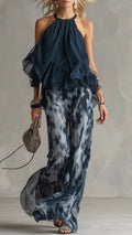 Women's Cotton-Blend Halter Ruffled Tie-Dye Wide-Leg Pants Set