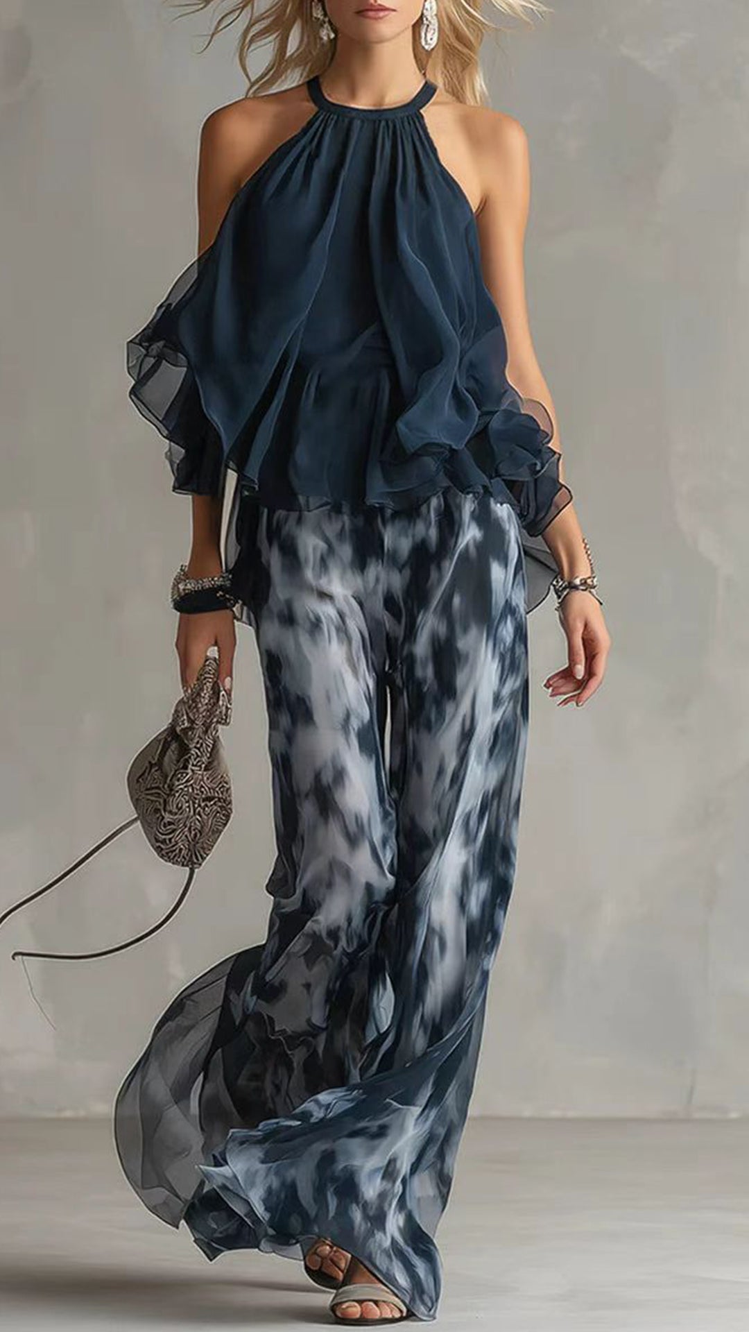 Women's Cotton-Blend Halter Ruffled Tie-Dye Wide-Leg Pants Set
