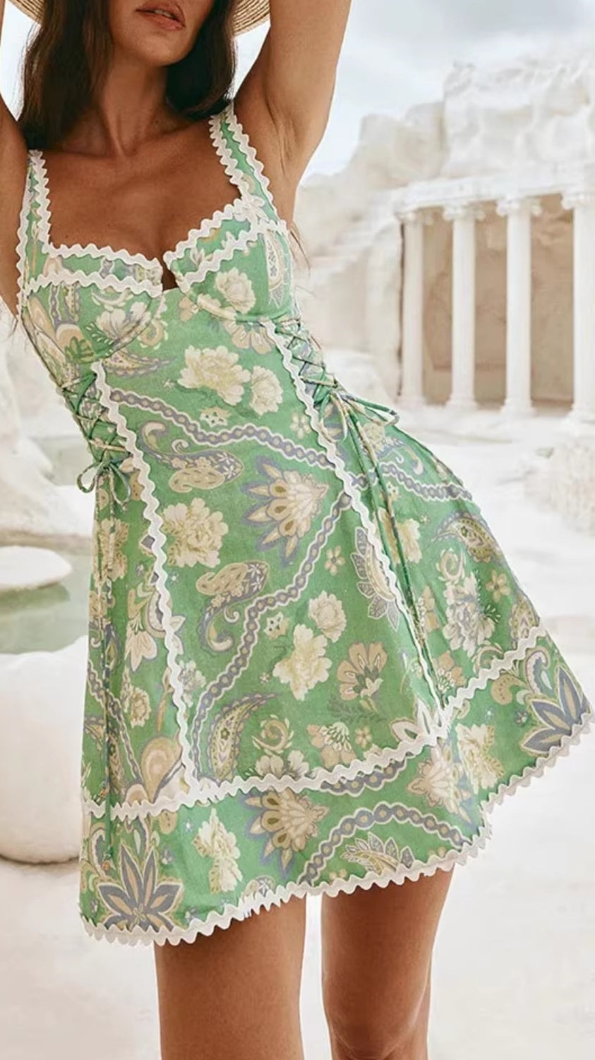 Women's Printed Spaghetti-Strap Dress with Lace Splicing