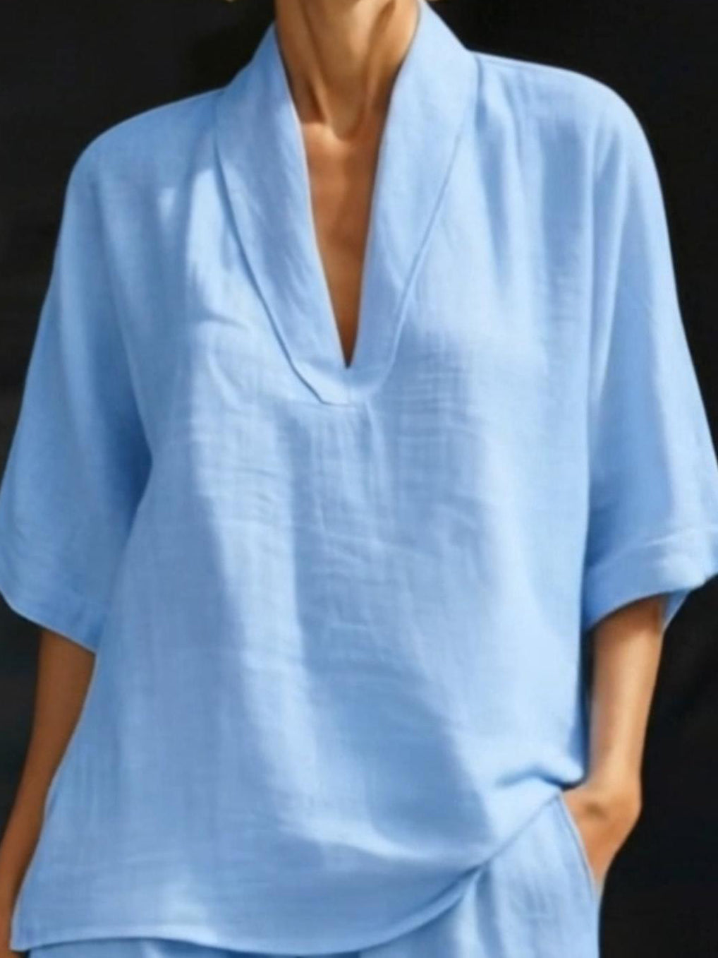 Plus Size Friendly Minimalist Cozy V-neck Shirt And Shorts Linen Cotton Two-piece Set