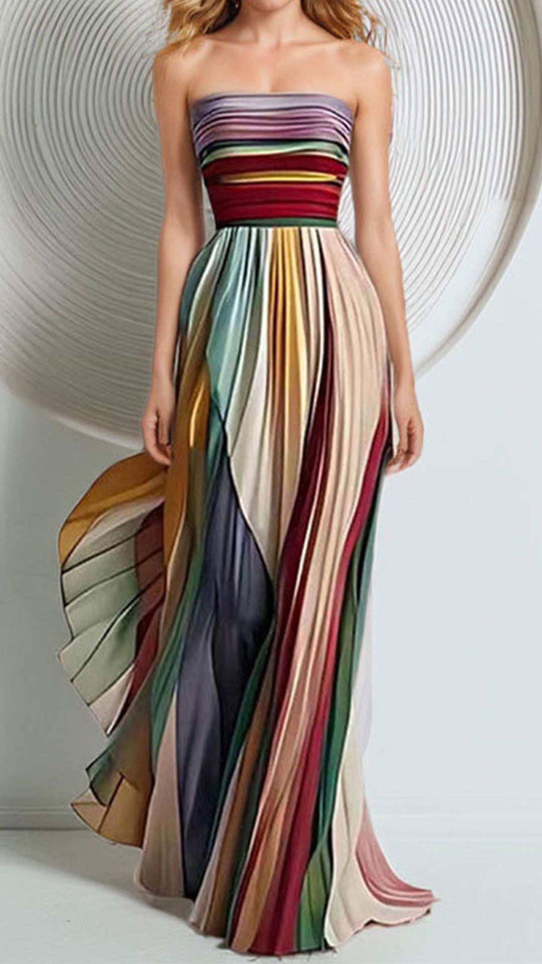 Women's Strapless Rainbow Stripe Cotton-Blend Maxi Dress
