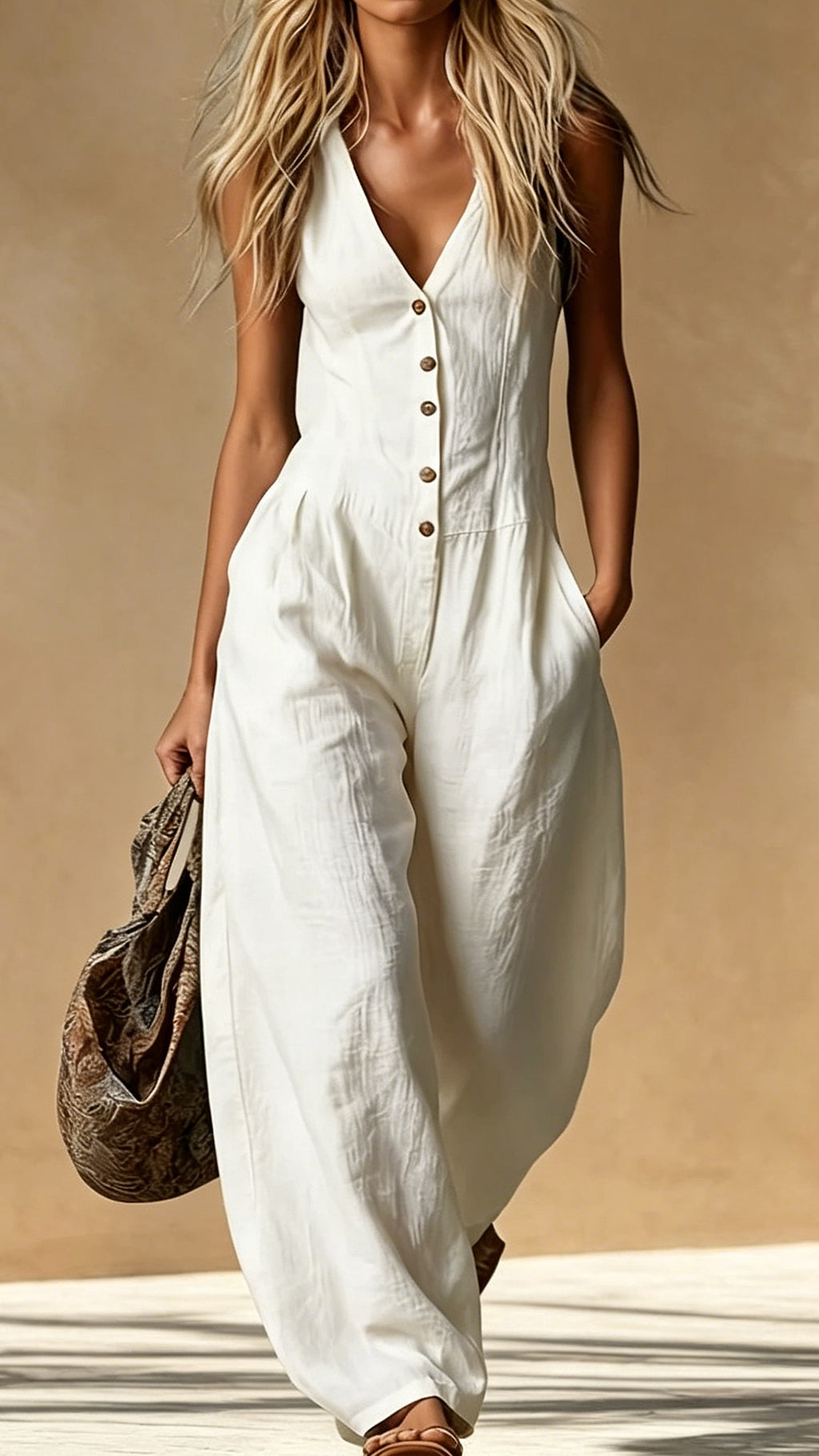Women's Cotton-Blend V-Neck Sleeveless Wide-Leg Jumpsuit