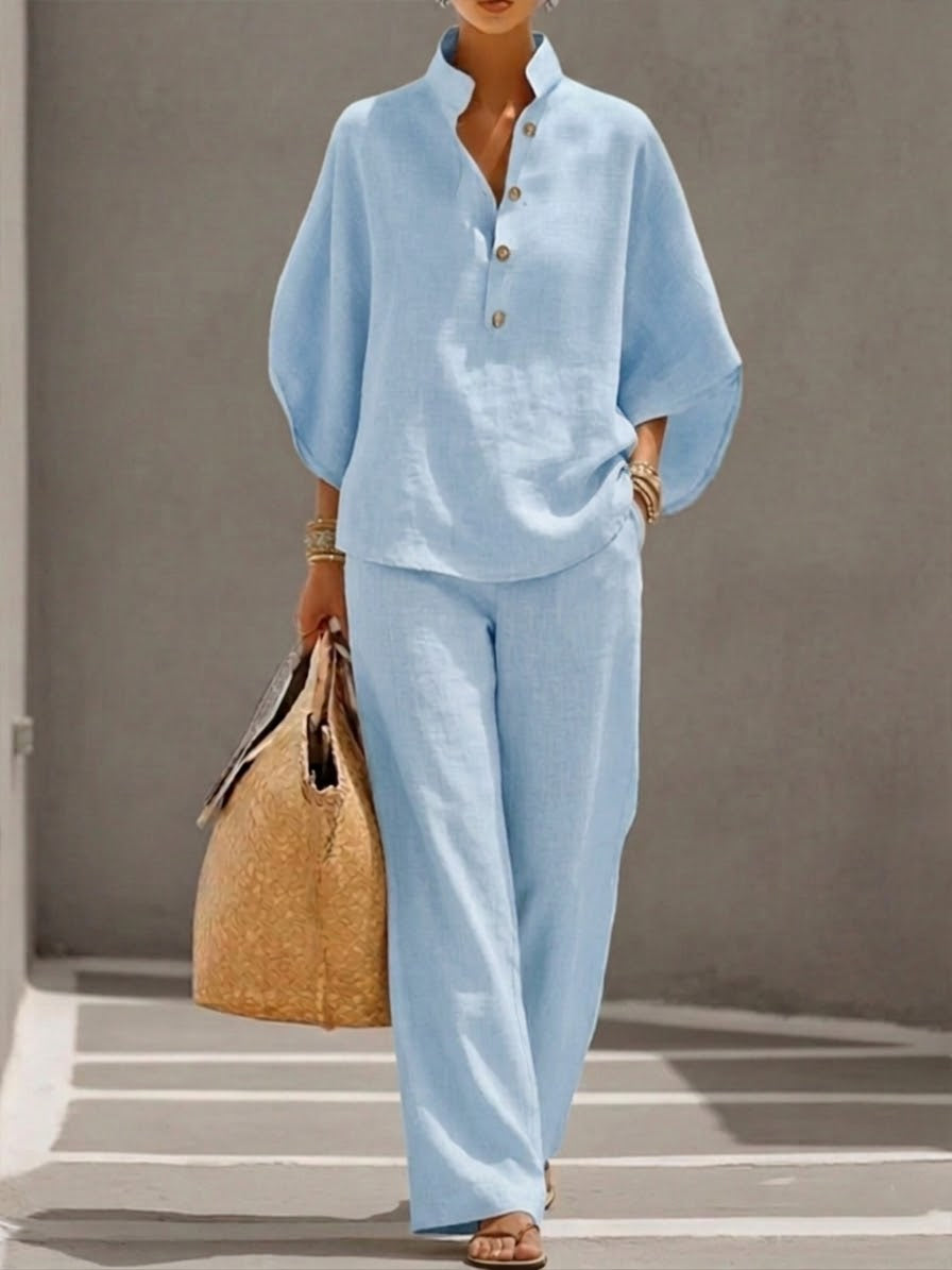 Plus Size Friendly Women’s Batwing Sleeve Linen Cotton Two-Piece Set – Casual Shirt & Wide Leg Pants Outfit