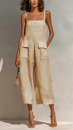 Women's Elegant Sleeveless Cropped Jumpsuit — Loose Fit, Wide-Leg, Thin Straps, Patch Pockets