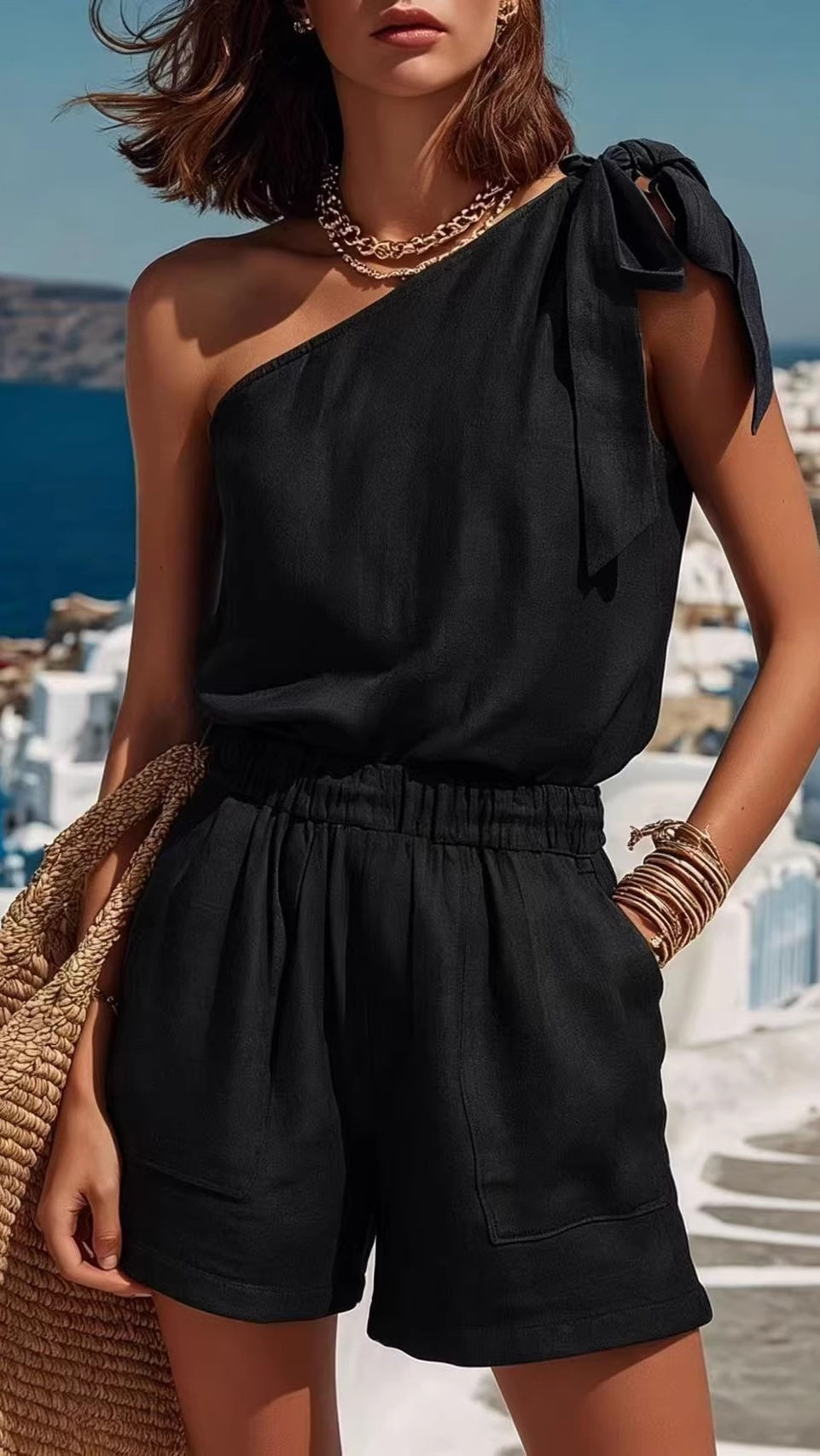 Women's Fashionable & Casual Slim-Fit Vacation-Style One-Shoulder Top Two-Piece Set