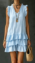 Women's Casual V-Neck Ruffle-Trim Tiered Dress — Sleeveless Tank Dress