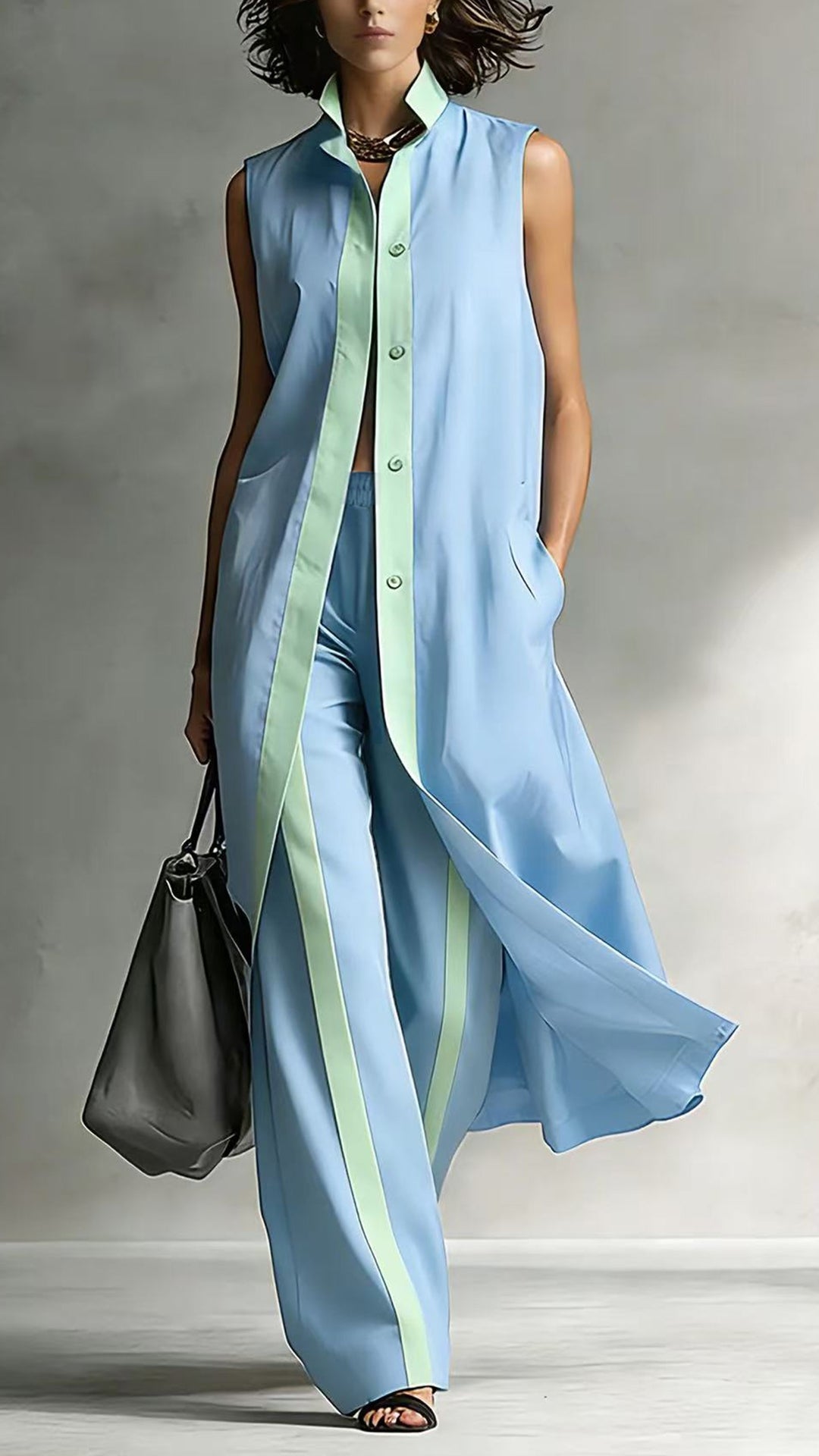 Women's Color-Blocked Sleeveless Long Shirt & Wide-Leg Pants Set