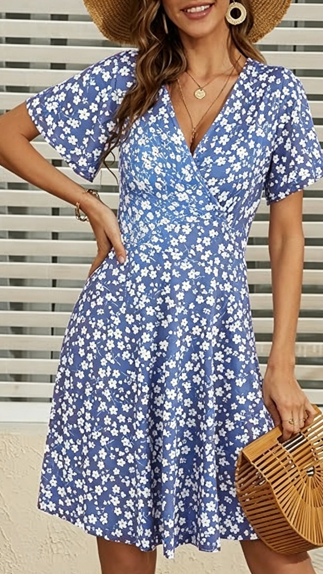 Women's  V-Neck Short Sleeve Floral Waist-Cinched Slimming Polyester Mini Dress