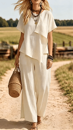 Women's Stylish Casual Set: Irregular Short-Sleeve Top & Slit Wide-Leg Pants