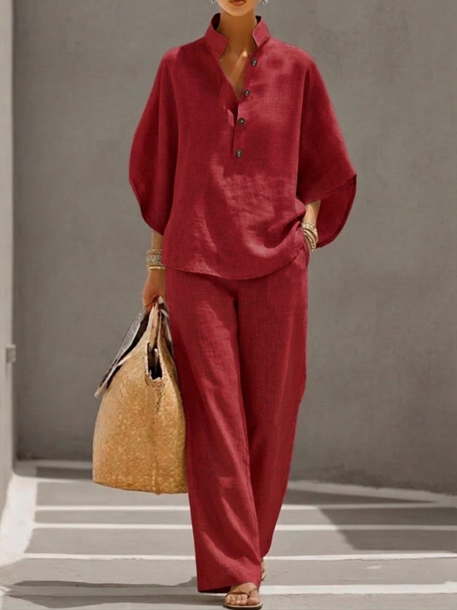 Plus Size Friendly Women’s Batwing Sleeve Linen Cotton Two-Piece Set – Casual Shirt & Wide Leg Pants Outfit