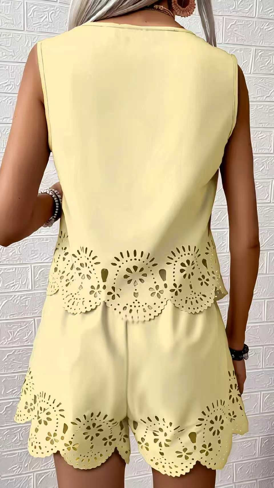 Women's Elegant Hollow-Out Design Short-Sleeve Top and Shorts Two-Piece Set