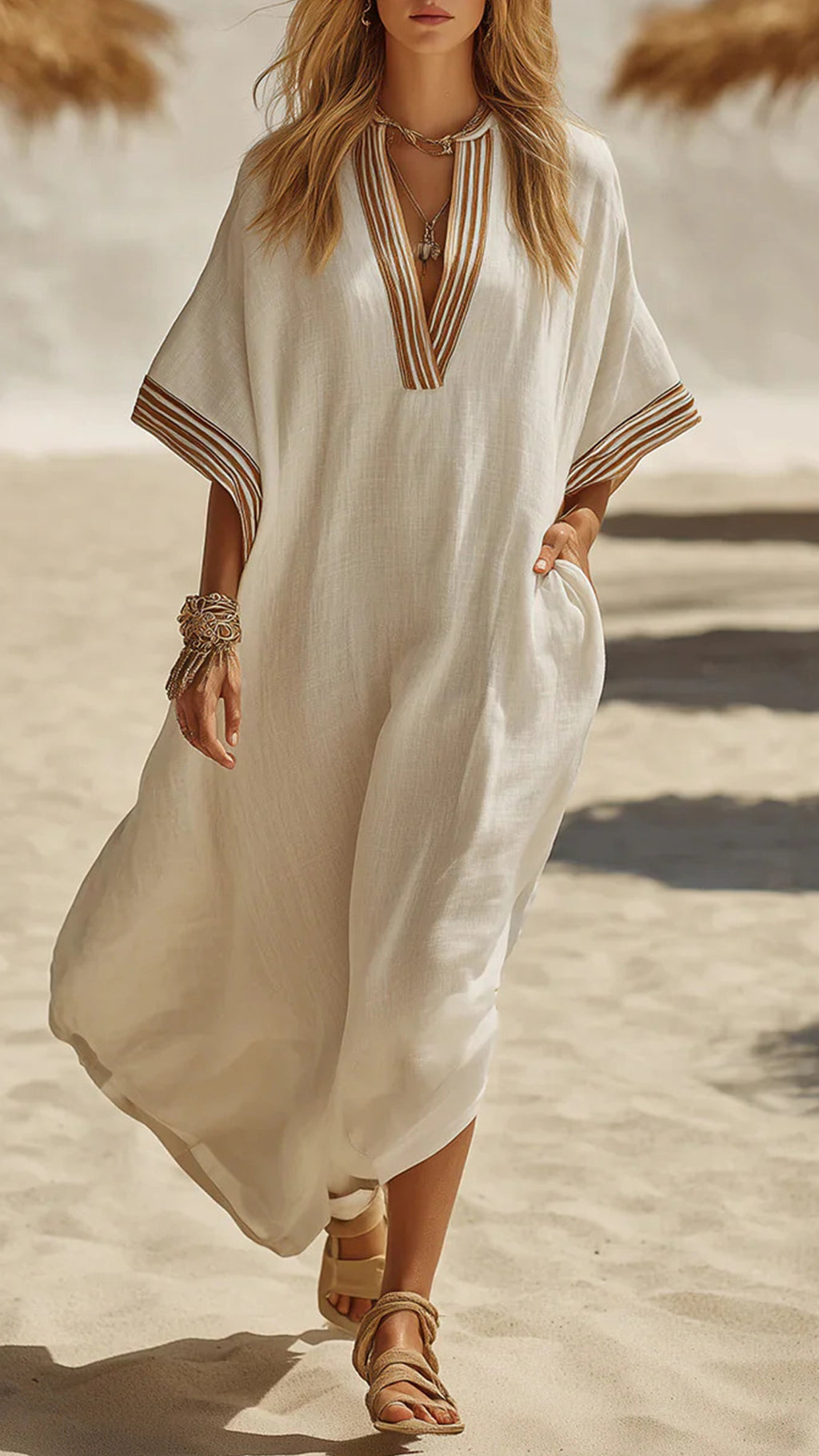 Women's Striped Trim Cotton-Blend Kaftan Dress