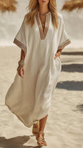 Women's Striped Trim Cotton-Blend Kaftan Dress