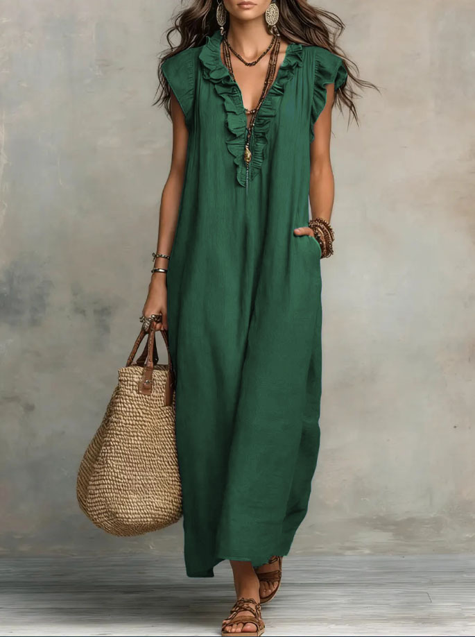 Women's Solid Color Ruffled Art Casual Fashion Cozy Cotton Linen Dress