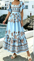 Women's Printed Dress with Square Neckline and Flutter Sleeves