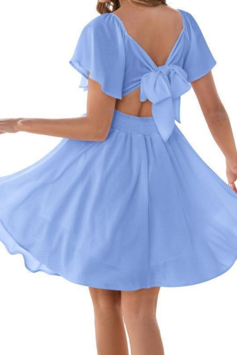 Women's summer short-sleeved high-waisted dress with a sweetheart neckline and a bow at the back a resort dress
