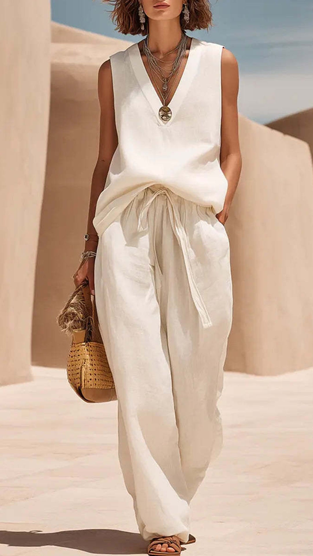 Women's V-Neck Sleeveless Linen-Blend Set