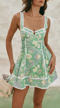 Women's Printed Spaghetti-Strap Dress with Lace Splicing