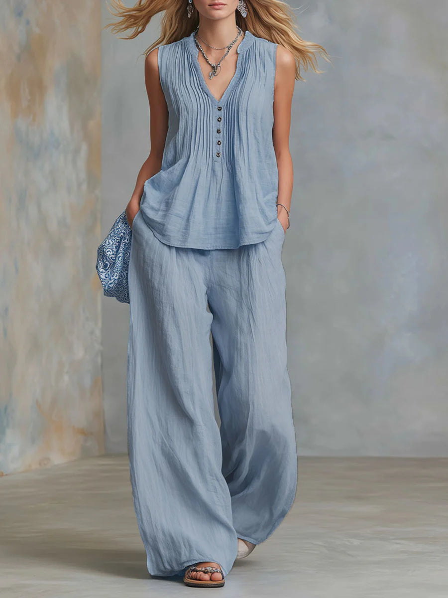 Plus Size Friendly Casual Linen And Cotton Pleated Sleeveless Top And Pants Two-piece Set