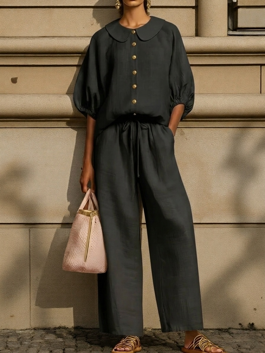 Plus Size Friendly New Arrivals🔥Stylish Peter Pan Collar Shirt And Wide-leg Pant Linen Two-piece Set