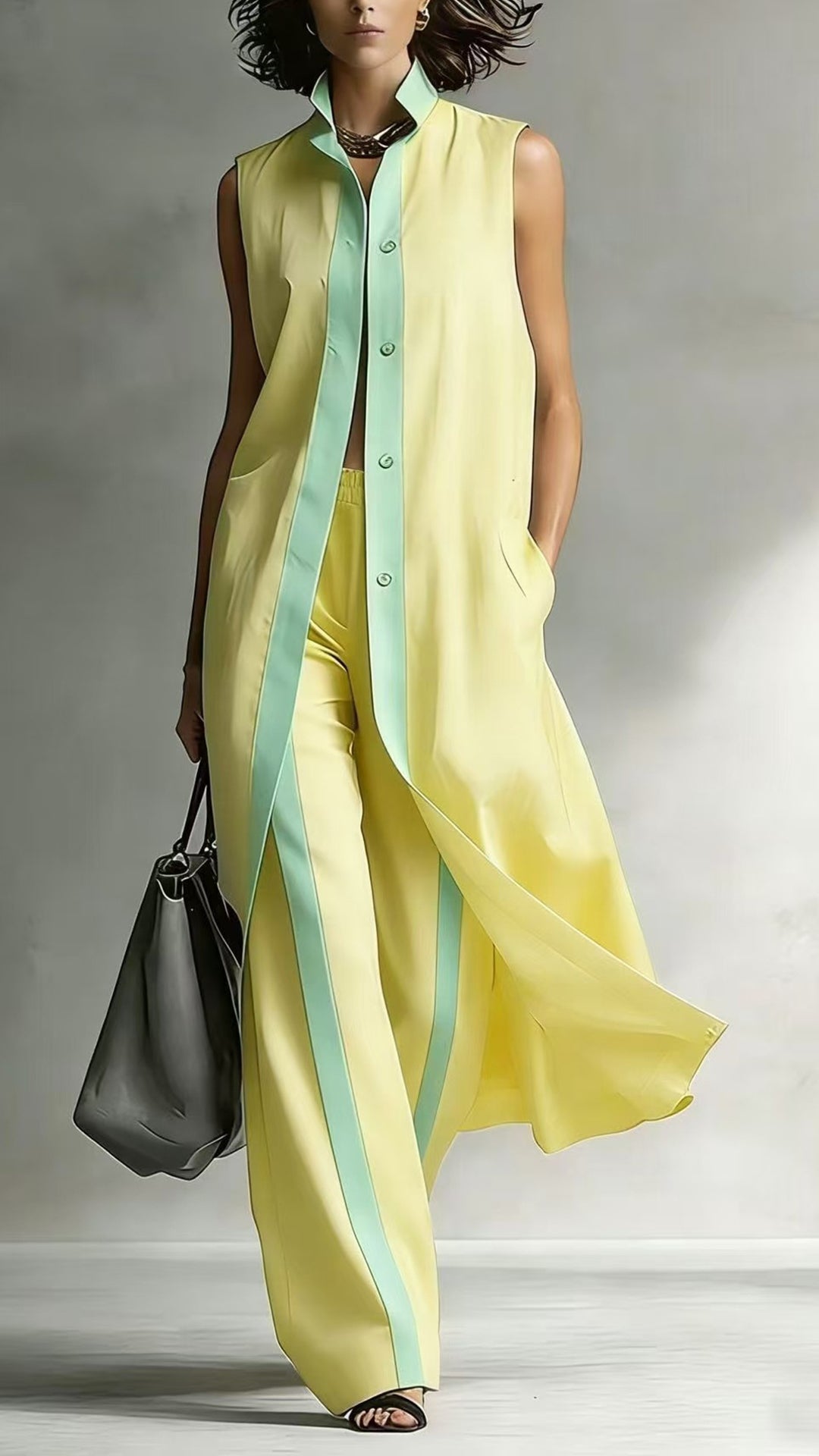 Women's Color-Blocked Sleeveless Long Shirt & Wide-Leg Pants Set