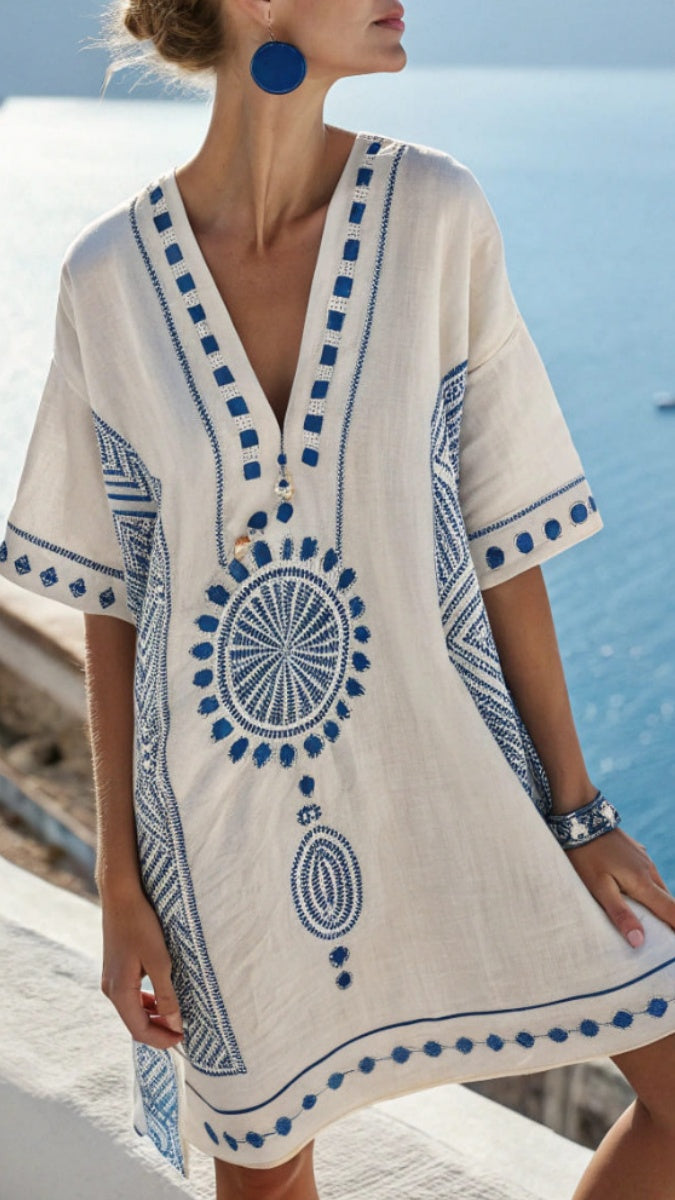 Women's V-Neck Dress – Beach Vacation Style, Printed, Loose-Fit Midi Dress