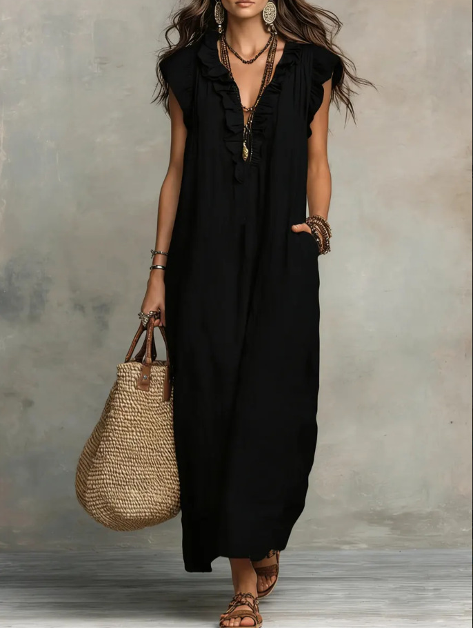 Women's Solid Color Ruffled Art Casual Fashion Cozy Cotton Linen Dress