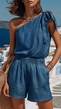 Women's Fashionable & Casual Slim-Fit Vacation-Style One-Shoulder Top Two-Piece Set