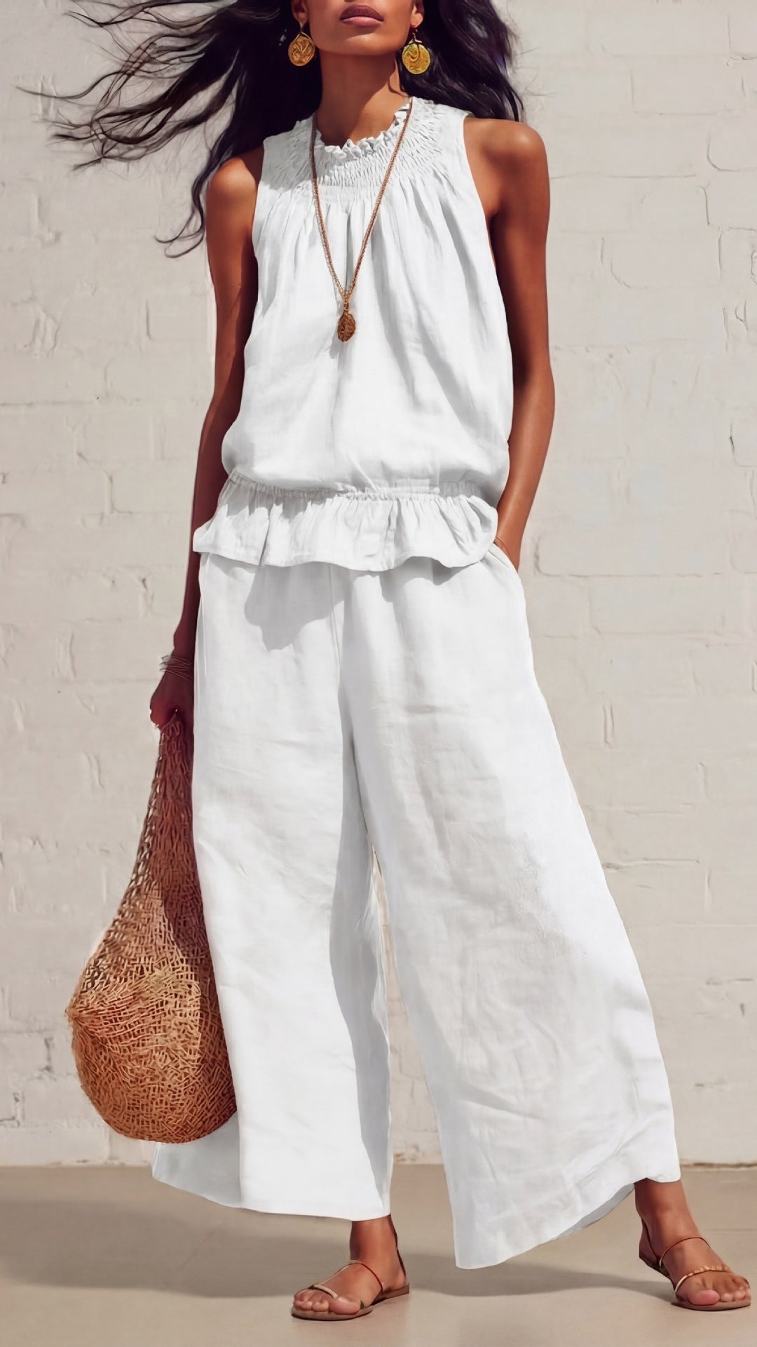 Women's Vintage Bohemian Ruffled Cotton-Linen Two-Piece Set