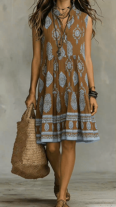 【Buy 2 Free Shipping】Bohemian-Style Printed Sleeveless Maxi Dress with Shirt Collar
