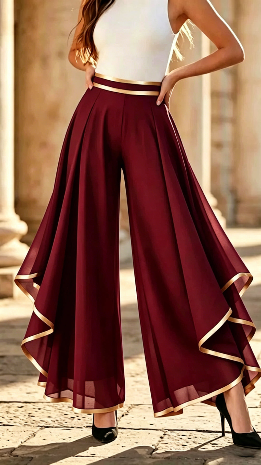 Women's Fashion Spliced & Piped Layered Chiffon High-Waisted Casual Wide-Leg Pants