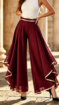 Women's Fashion Spliced & Piped Layered Chiffon High-Waisted Casual Wide-Leg Pants