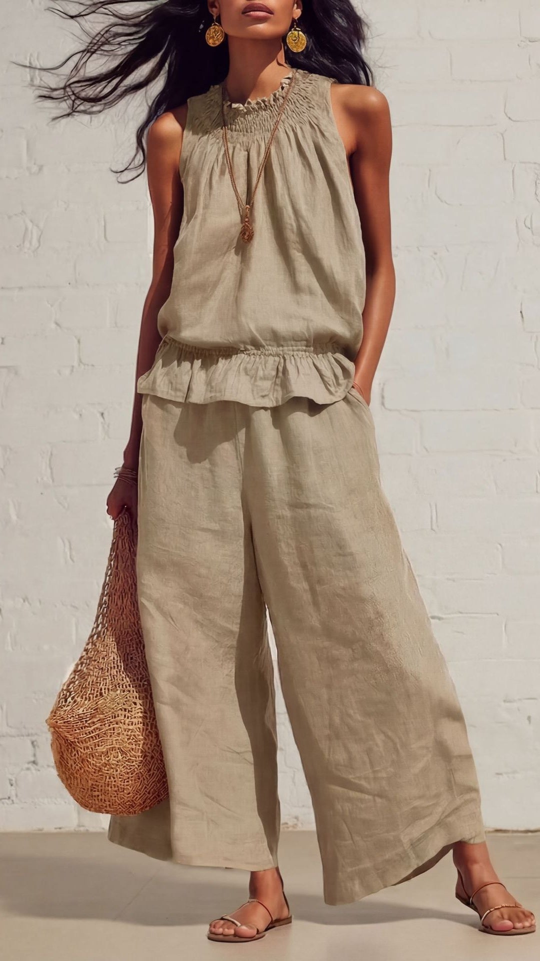Women's Vintage Bohemian Ruffled Cotton-Linen Two-Piece Set