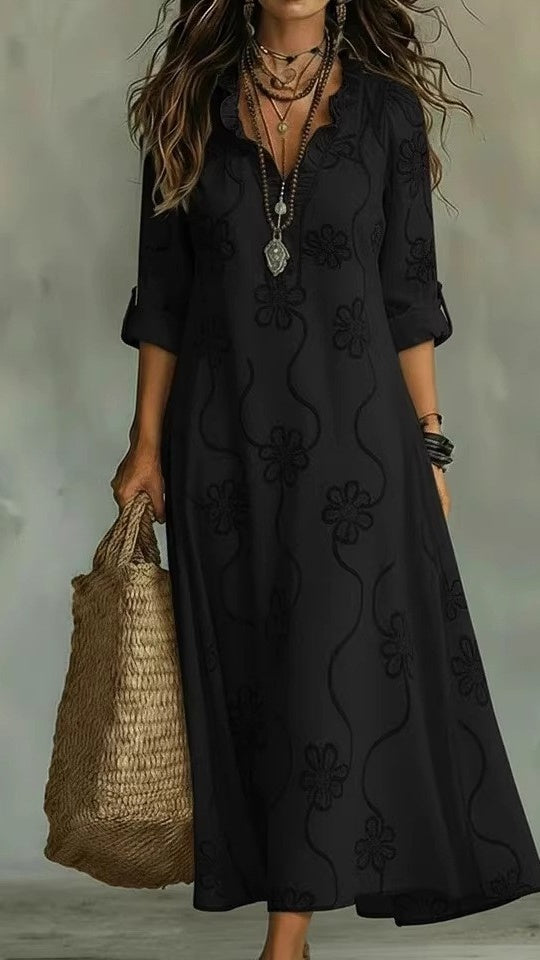 Women's Vintage Floral A-Line Dress with Ruffled Collar