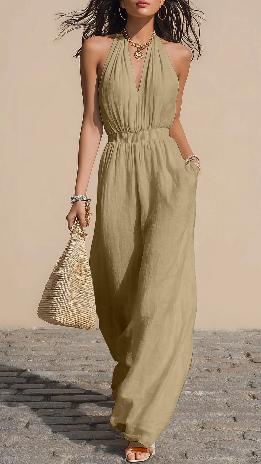 Women's Halter-Neck V-Neck Slim-Fit Jumpsuit — Simple Solid-Color Wide-Leg Trousers