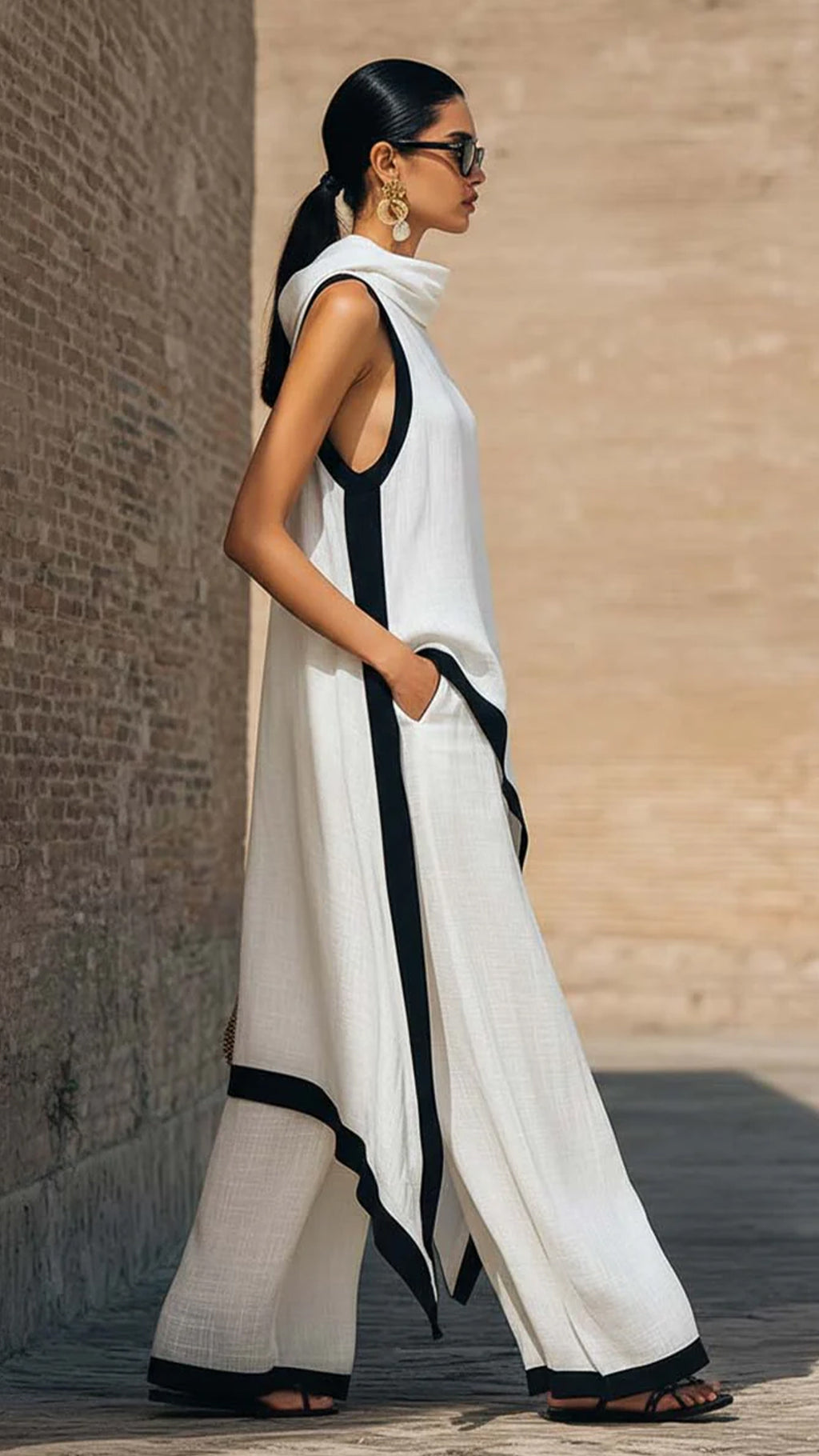 Artistic Cut Trim Elegant Linen Cotton Two-piece Set