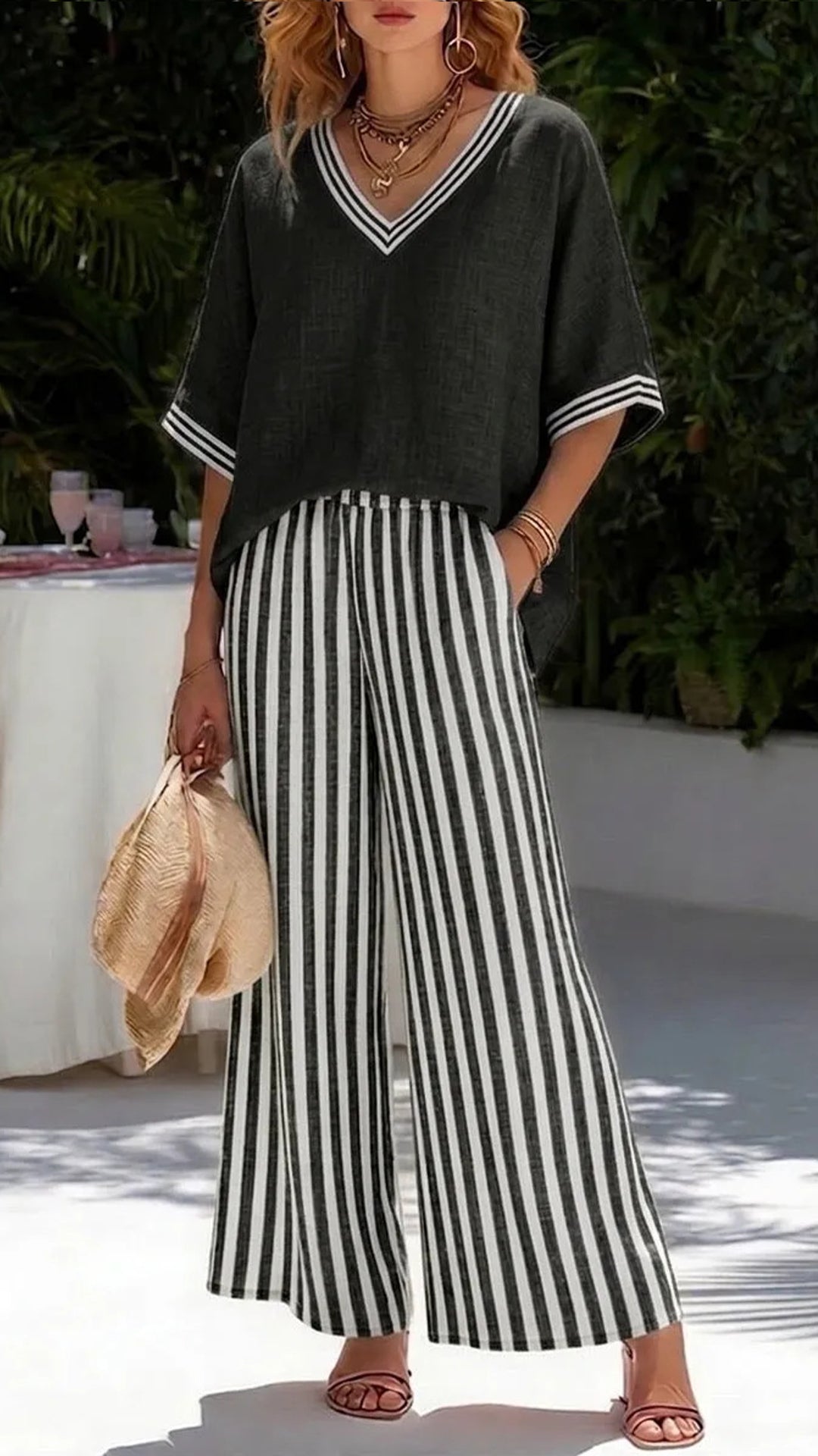 Solid-Color Top & Striped Wide-Leg Pants Set — Loose-Fit, Slimming, and Breathable