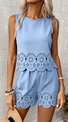 Women's Elegant Hollow-Out Design Short-Sleeve Top and Shorts Two-Piece Set