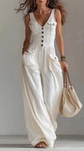 Women's Solid-Color Loose-Fit Casual Jumpsuit with Buttons and Side Pockets