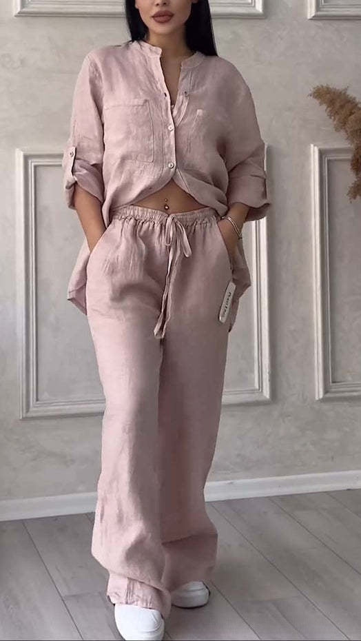 Women's Casual Cotton-Linen Solid-Color Shirt & Drawstring Wide-Leg Pants Two-Piece Set