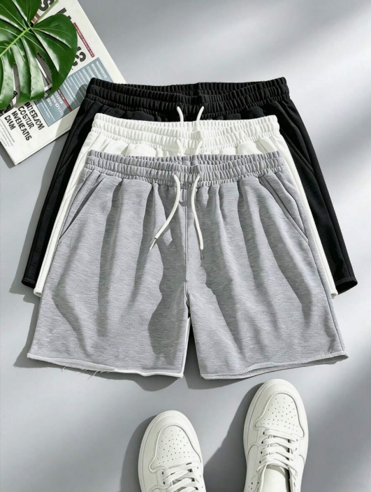 Men's Frayed Hem Straight Leg Athletic Shorts, Distressed Waist With Drawstring Design, Casual Style, Smooth Fabric, Light Gray, Suitable For Gym And Sports Activities