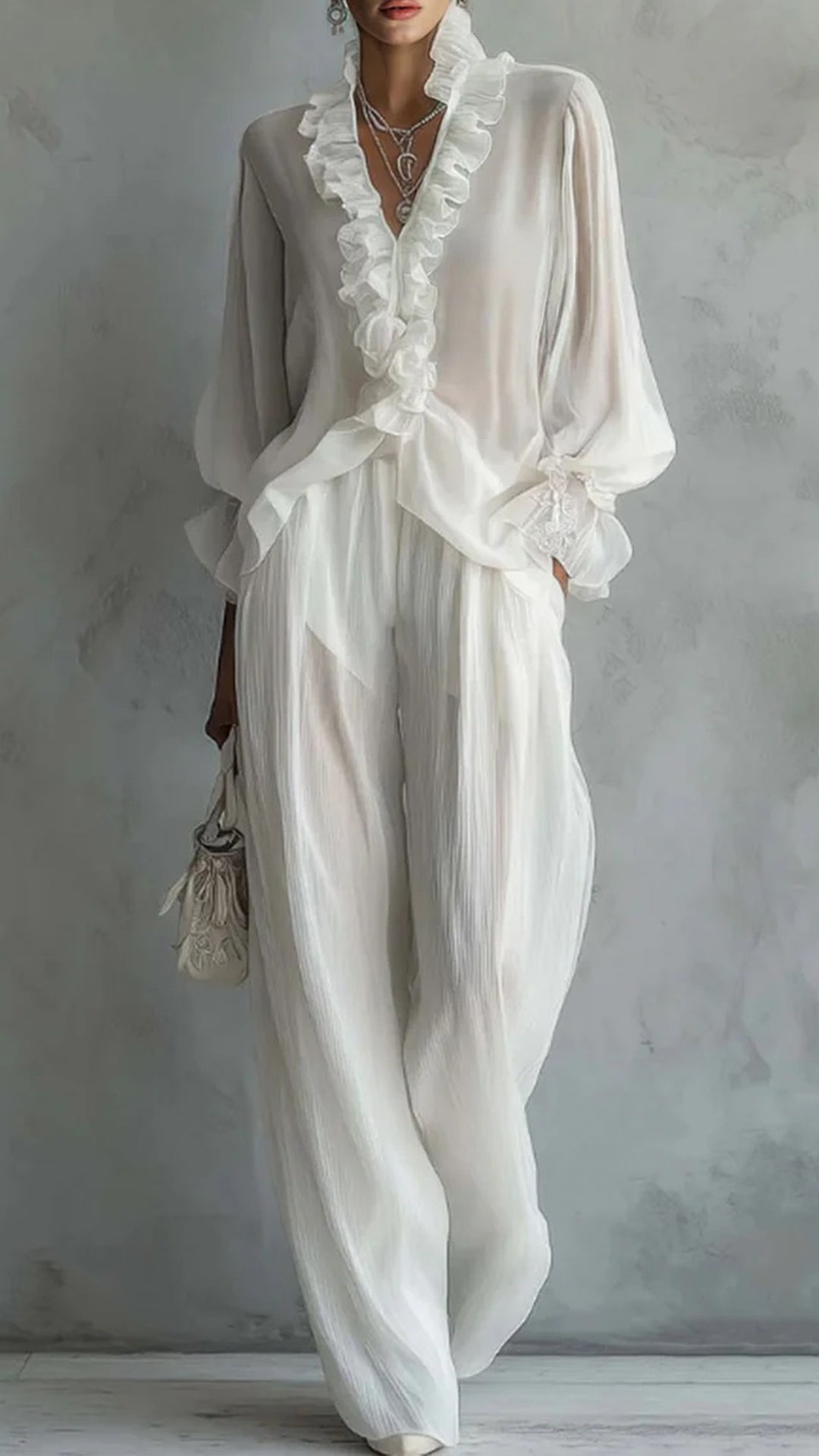 Women's Polyester Spandex Blend Ruffle Wide-Leg Set