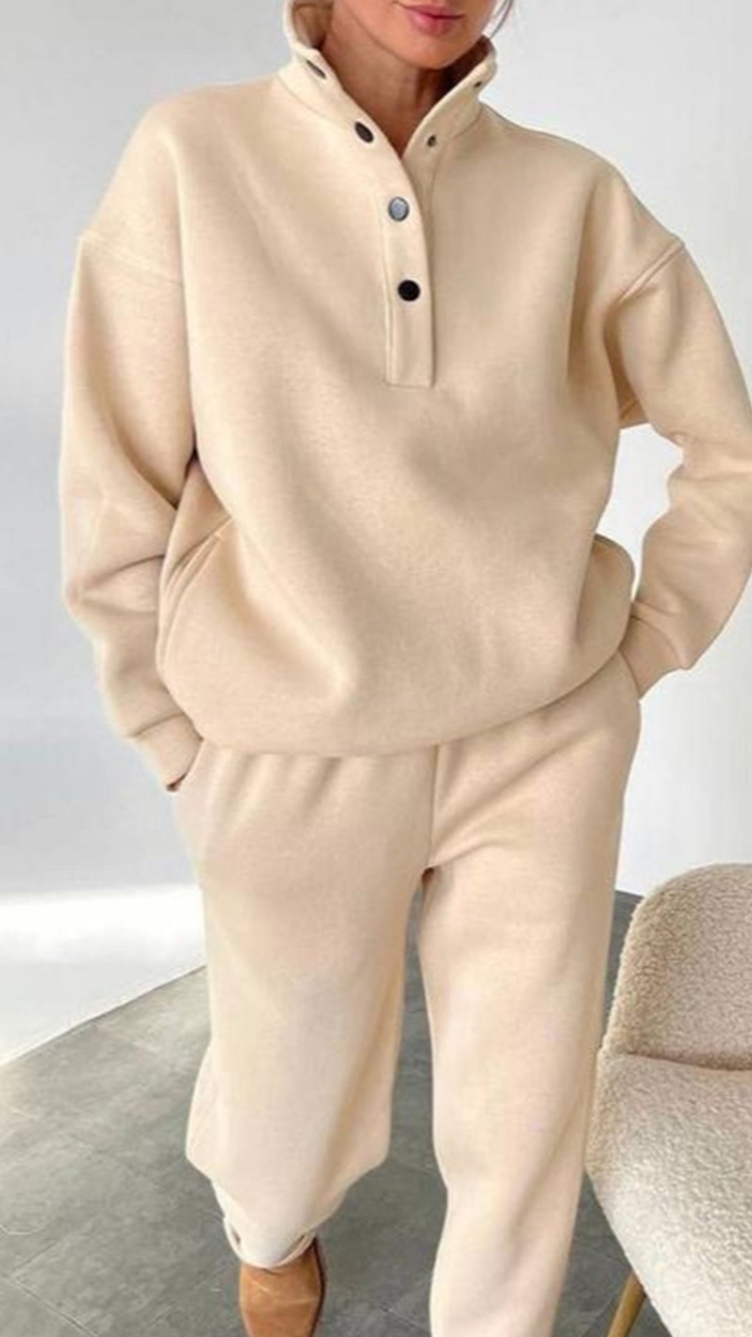 Half-Placket Stand Collar Fleece Loose Sweatshirt & Sweatpants Set