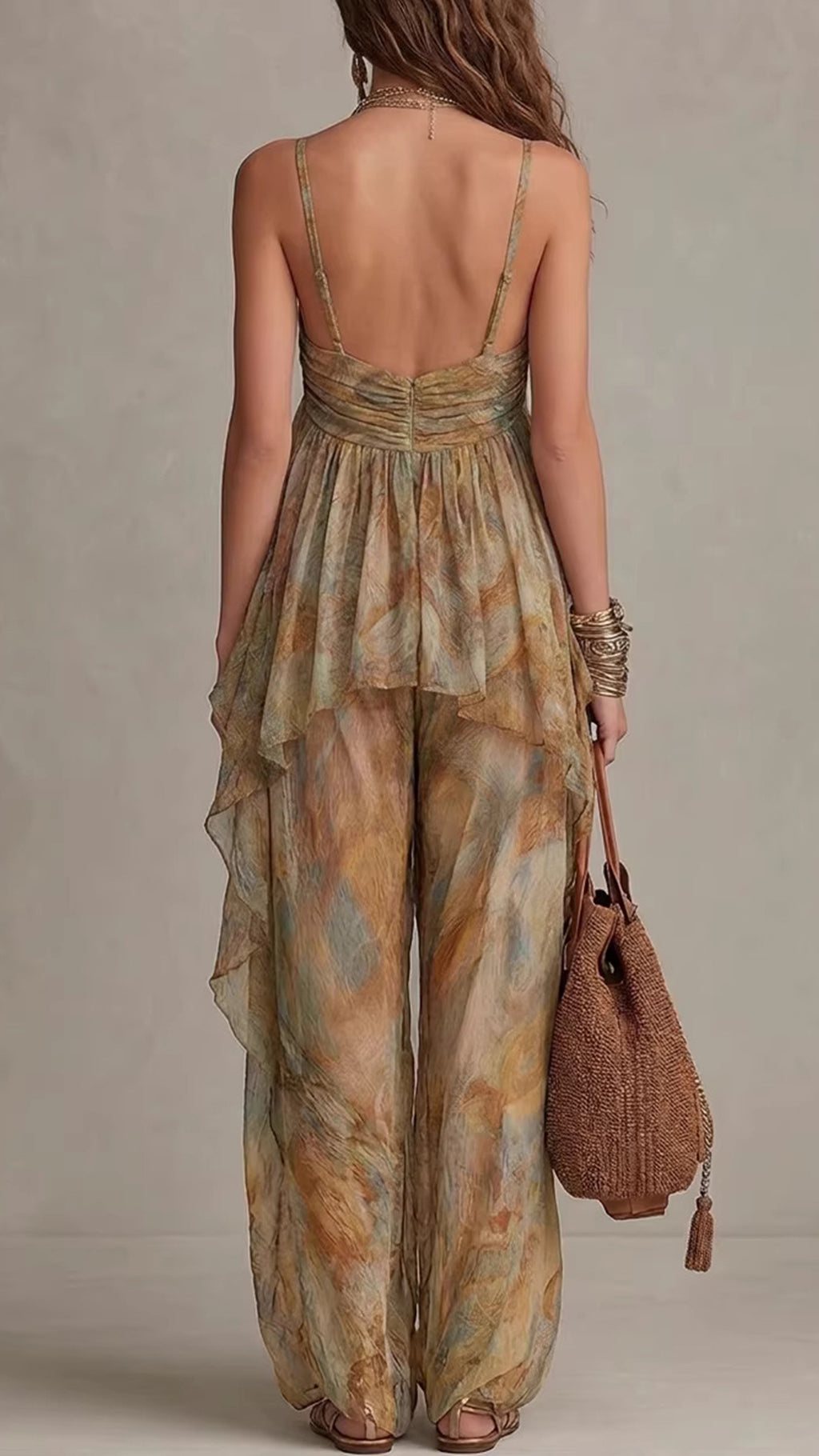 Women's Cotton-Blend Halter Printed Wide-Leg Pants Set