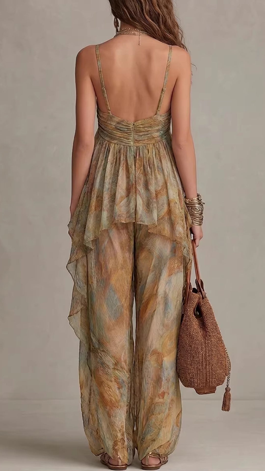 Women's Cotton-Blend Halter Printed Wide-Leg Pants Set