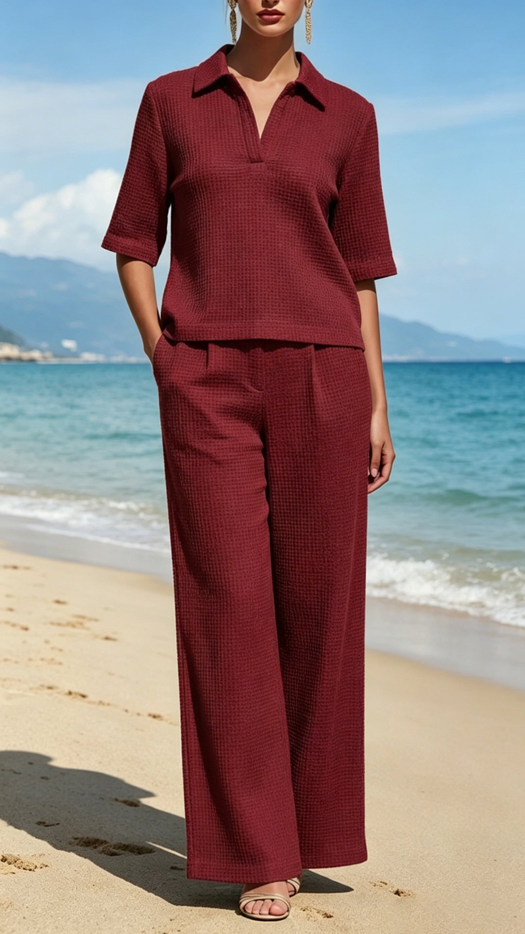 Women's Waffle Knit Polo Collar Wide-Leg Set