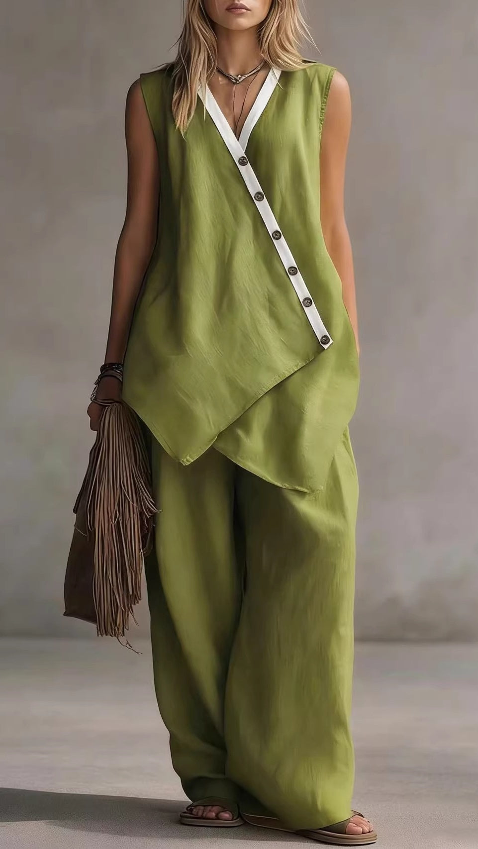 Women's V-Neck Sleeveless Wide-Leg Pants Two-Piece Set with Asymmetrical Buttons